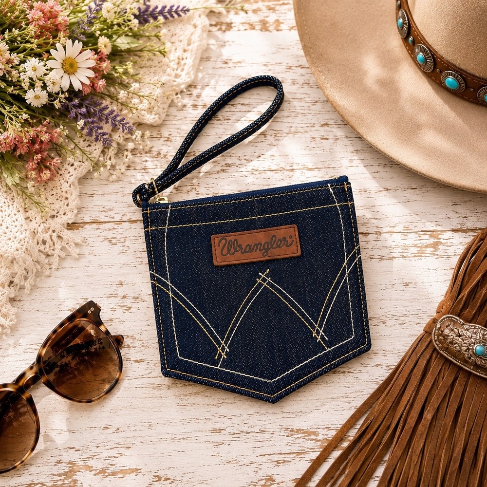 Wrangler Denim Pocket Wristlet Pouch Dark Wash Cotton Blue Western Americana